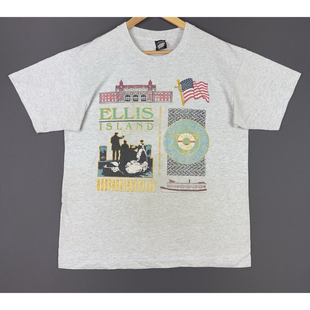 Vintage 90s Ellis Island New York Grey Shirt Art Single Stitch USA Flag Island